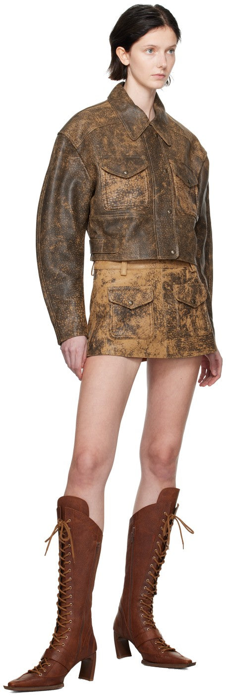 Women's Distressed Trucker Leather Jacket In Dark Brown