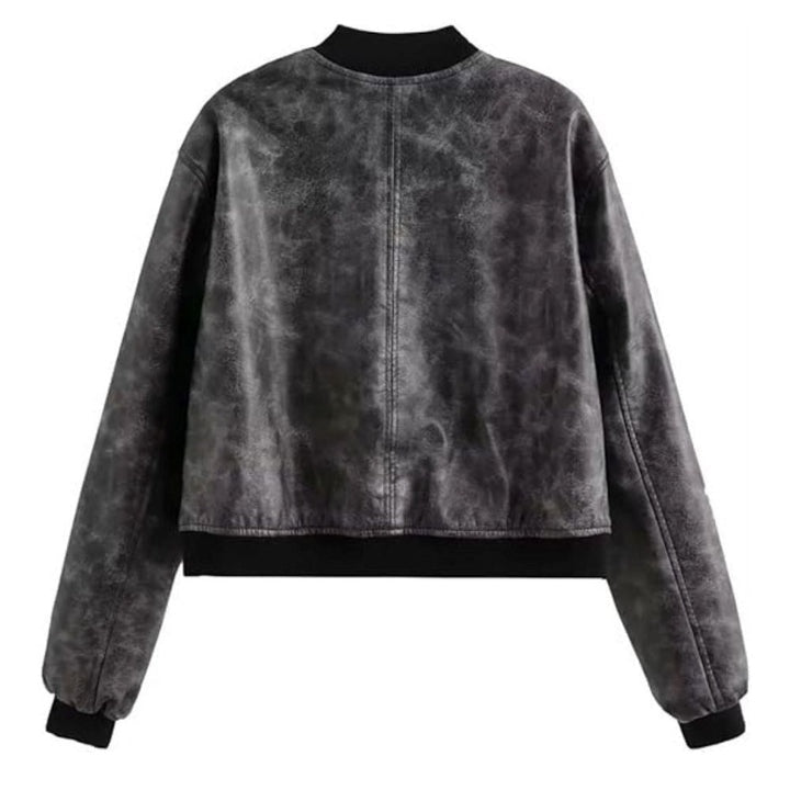 Women's Gray Distressed Bomber Leather Jacket