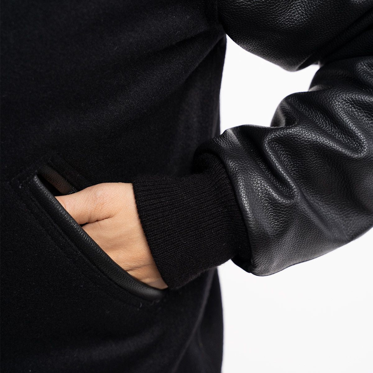 Women's Hooded Varsity Leather Jacket In Black