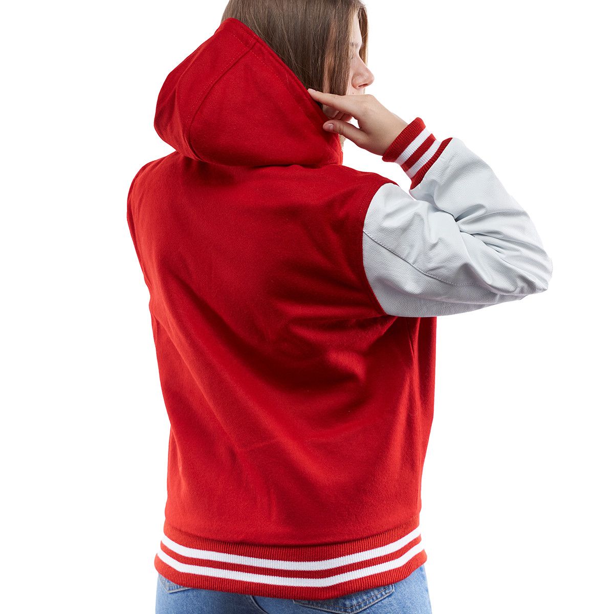 Women's Hooded Varsity Leather Jacket In Red & White SleevesWomen's Hooded Varsity Leather Jacket In Red & White Sleeves