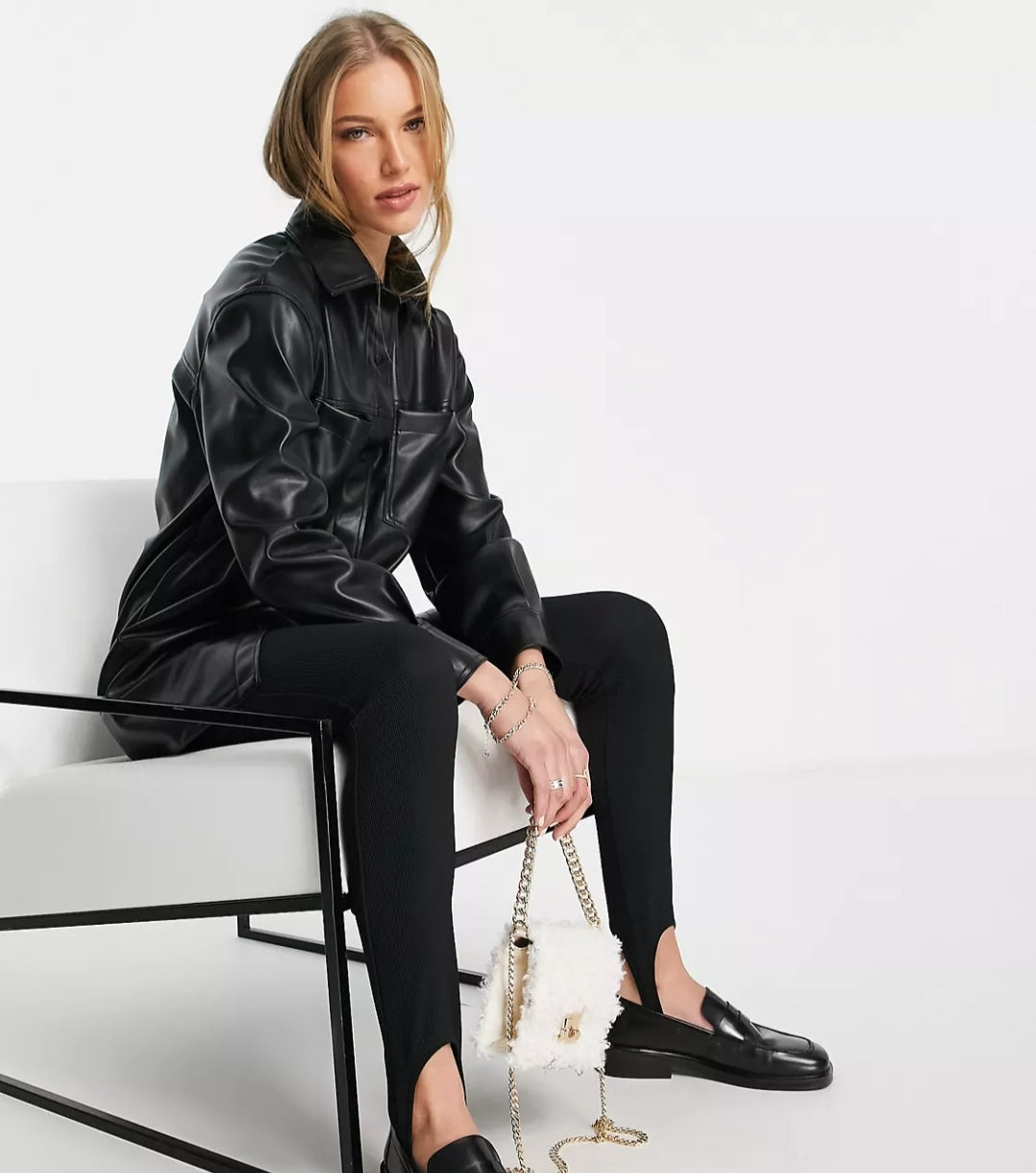 Women's Leather Trucker Shirt In Classic Black