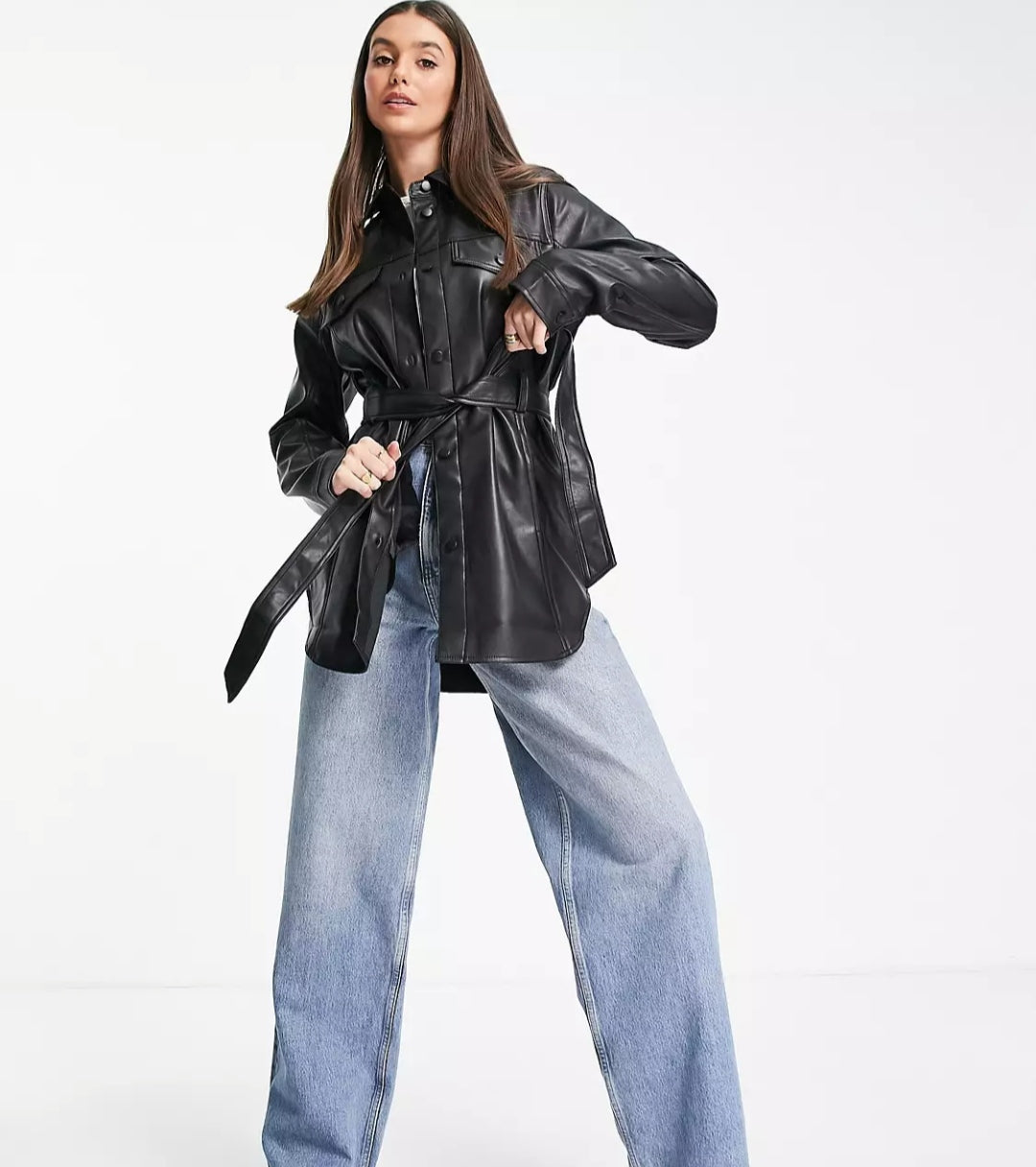 Women's Long Belted Leather Shirt In Black