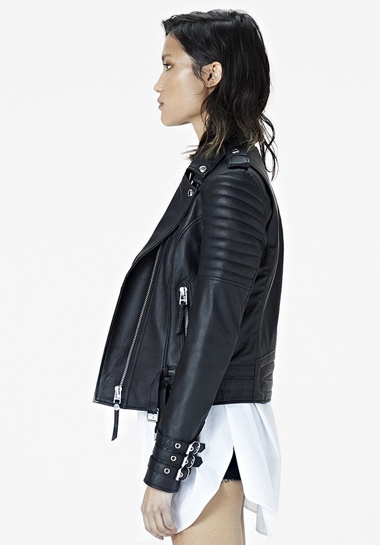 Women's Moto Cafe Racer Leather Jacket In Black