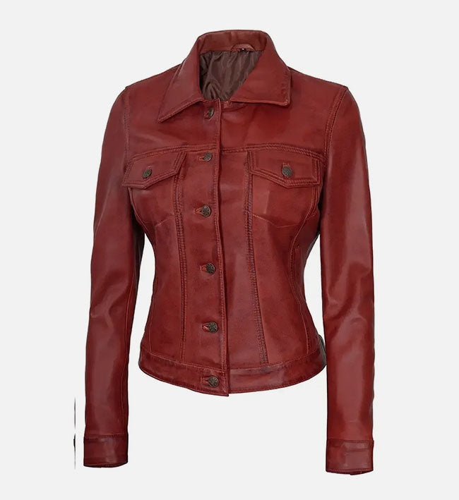 Women's Red Trucker Leather Jacket