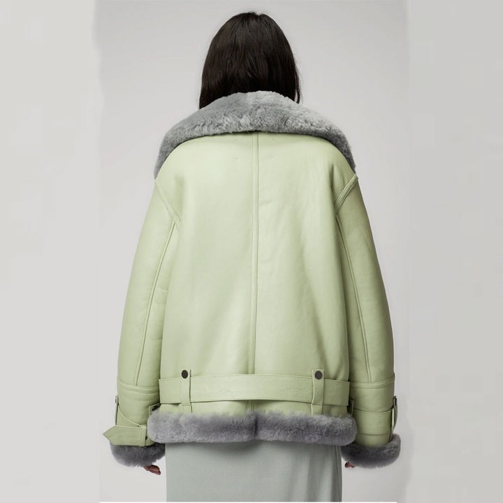 Arcane Fox - Women's Shearling Aviator Fur Leather Jacket In Mint Green