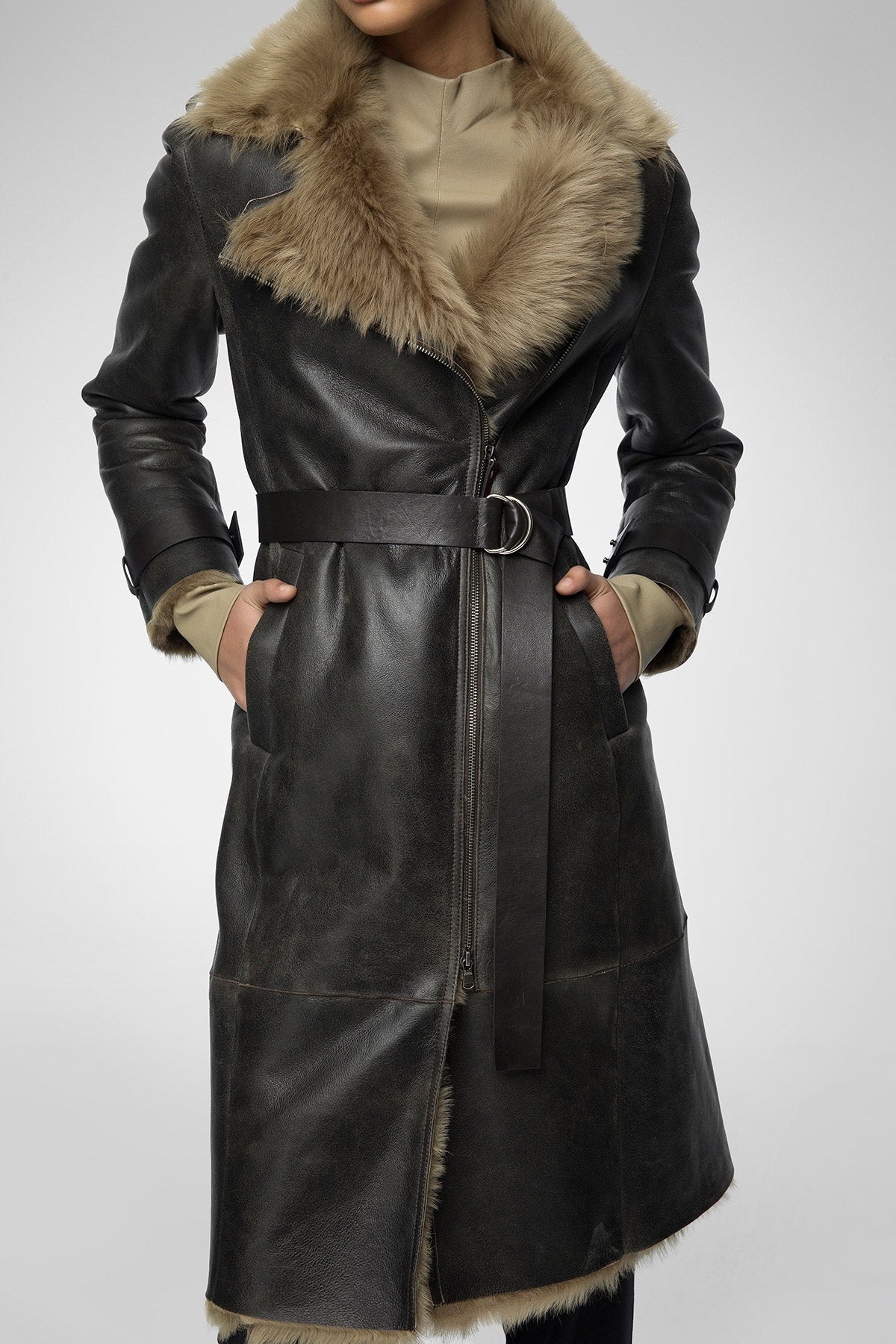Women's Sheepskin Fur Leather Coat In Coffee Brown