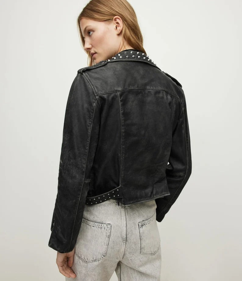 Arcane Fox - Women's Studded Distressed Leather Jacket In Black