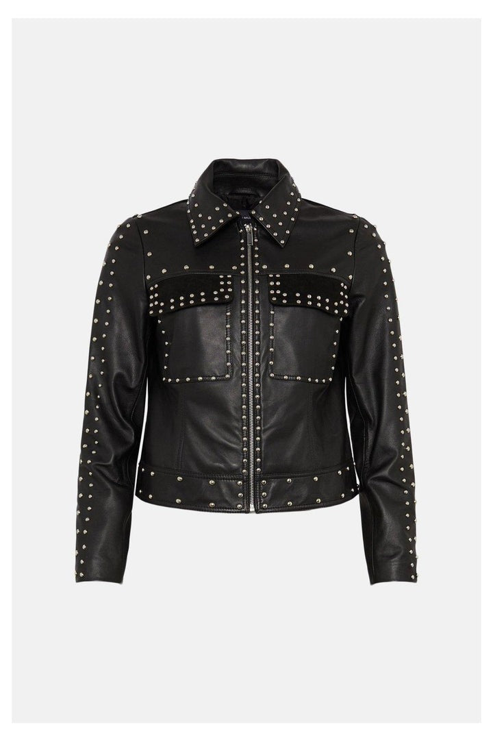 Arcane Fox - Women's Studded Trucker Leather Jacket In Black