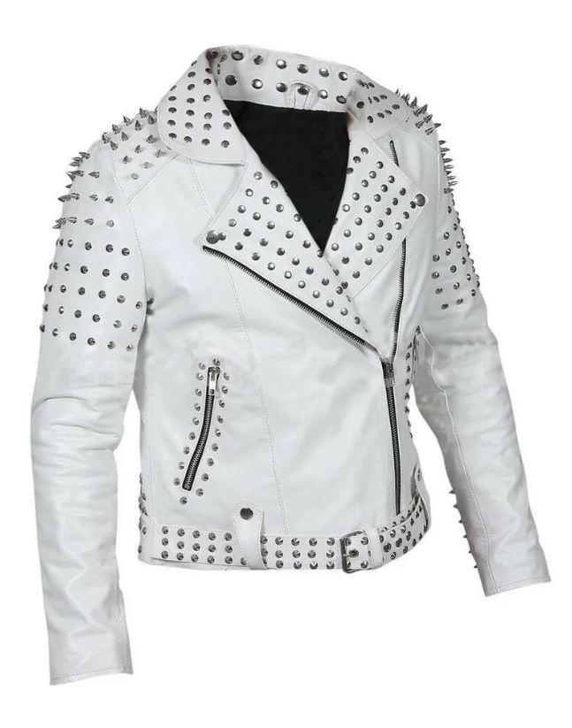 Women's White Belted Studded Leather Jacket