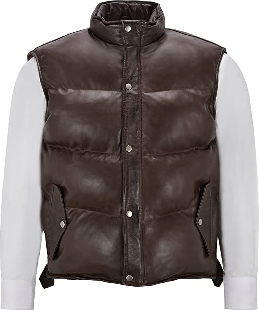 Men's Puffer Leather Vest In Chocolate Brown