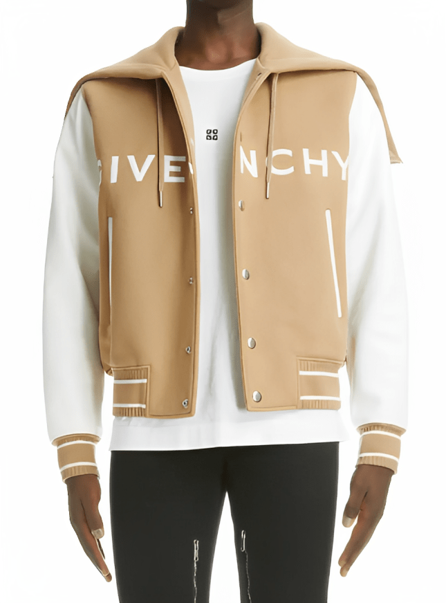 Men's Varsity Bomber Leather Jacket In Beige & White Sleeves