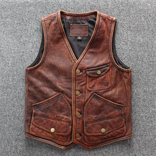 Men's Distressed Leather Vest In Tan Brown