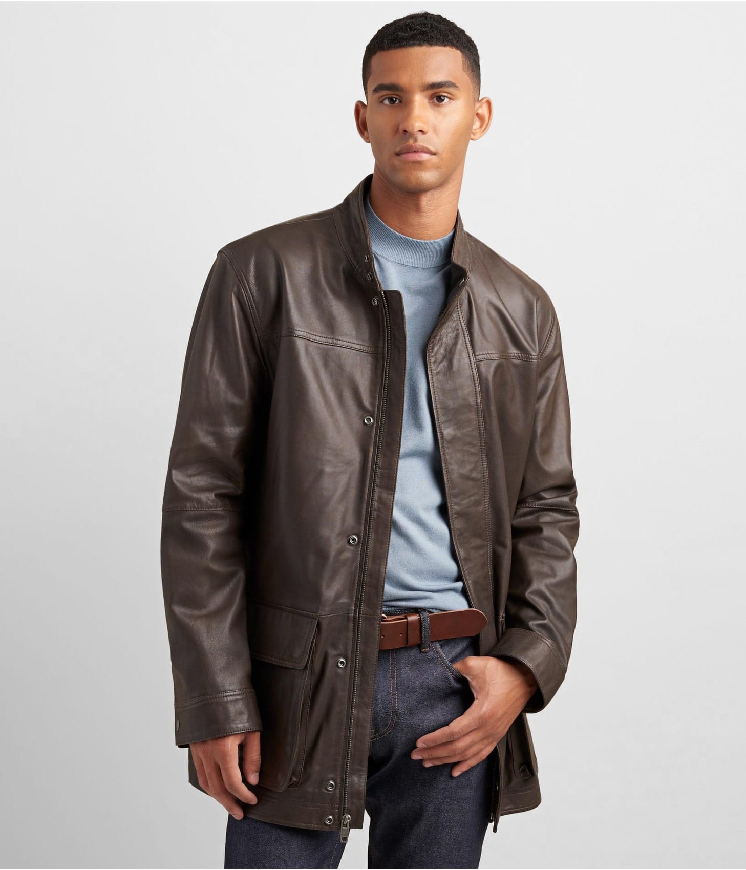 Men's Leather Coat In Dark Brown With Patch Pockets