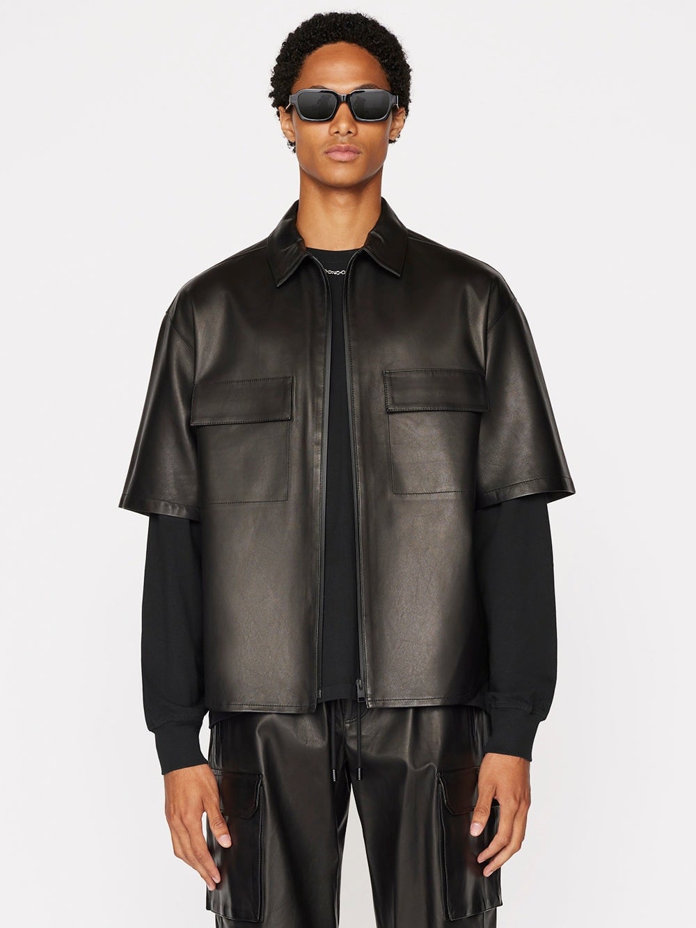 Men's Short Sleeve Leather Shirt In Black