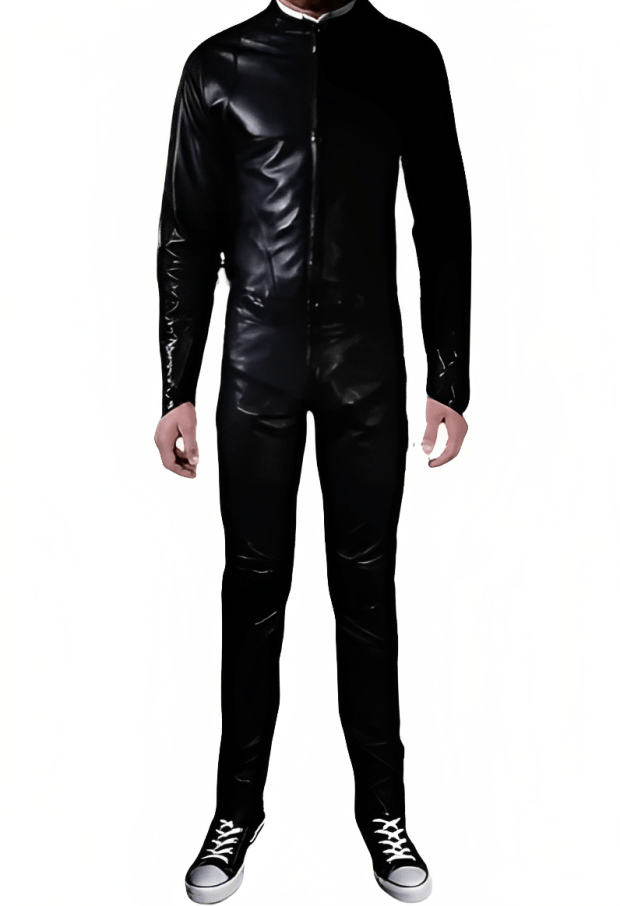 Men's Slim Fit Leather Biker Jumpsuit In Black