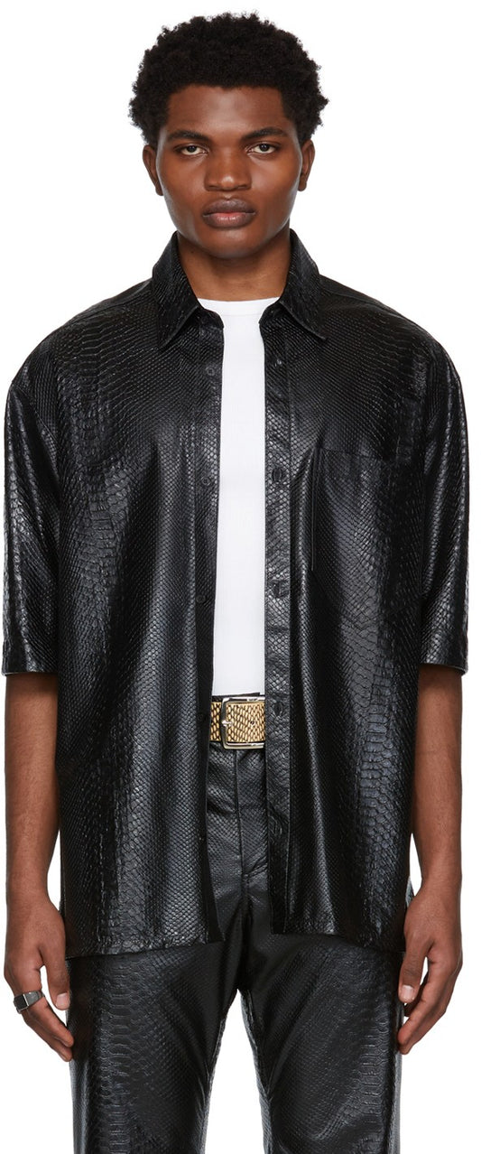 Men's Snake Print Leather Shirt In Black