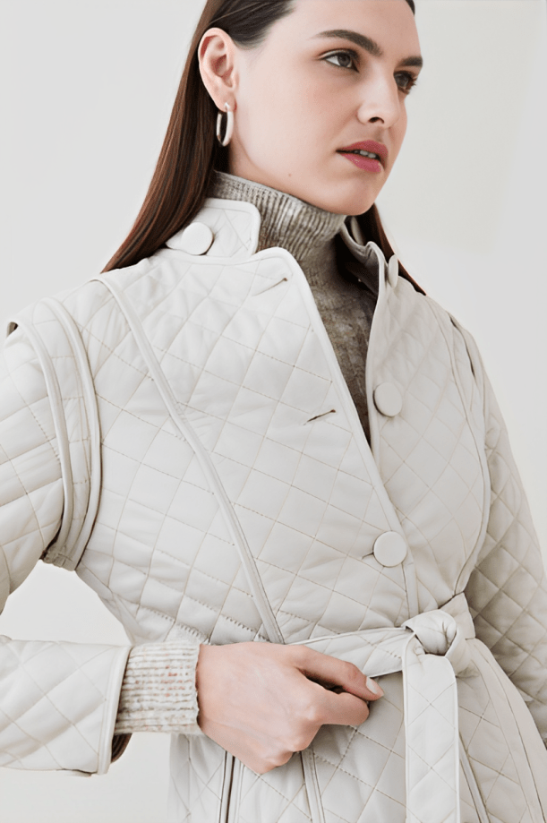 Women's Quilted Leather Trench Coat in Off-White