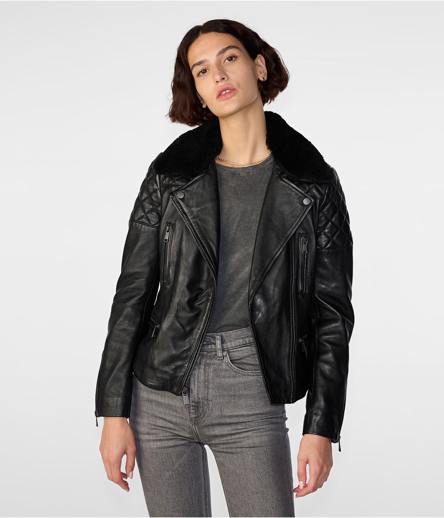 Women's Shearling Leather Biker Jacket In Black