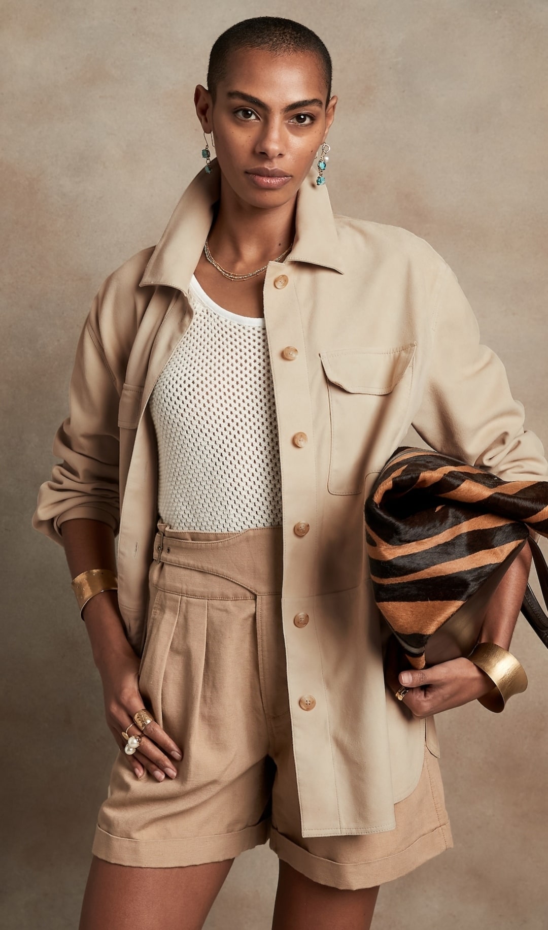 Women's Full Sleeve Leather Shirt In Beige