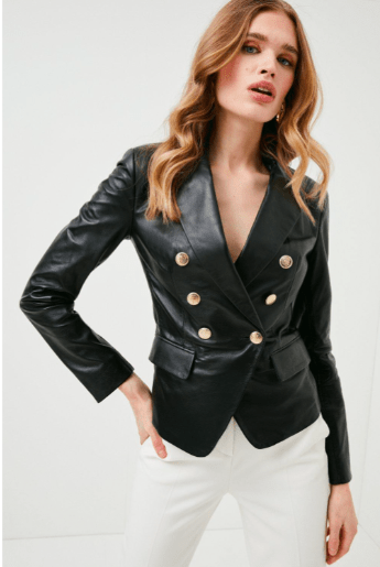 Women's Leather Blazer In Black With Golden Buttons