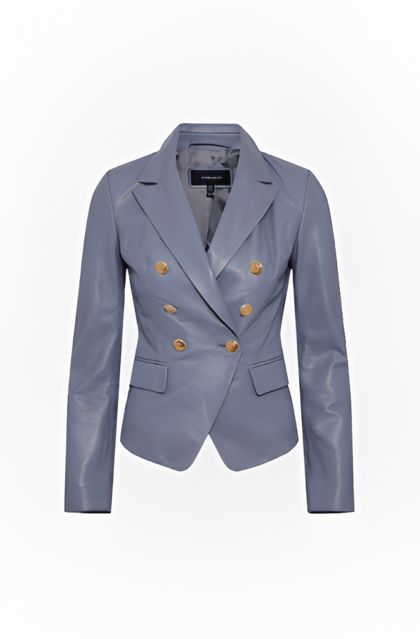 Women's Leather Blazer In Stone Blue With Golden Buttons