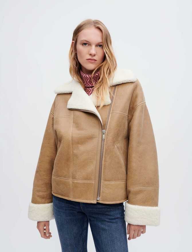Women's Shearling Biker Leather Jacket In Brown