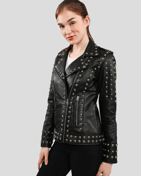 Women's Studded Leather Biker Jacket In Black