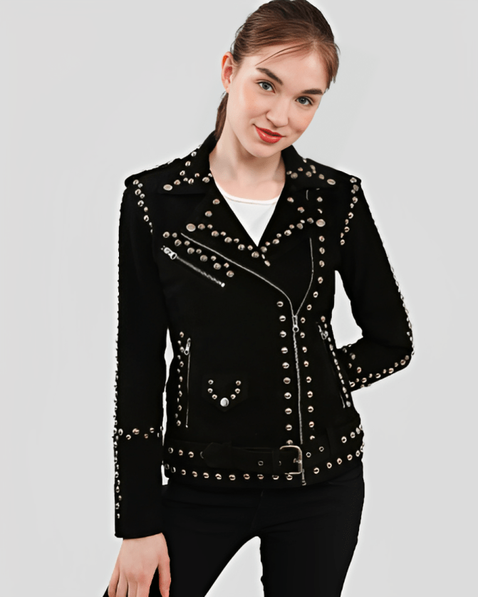 Women's Studded Suede Leather Biker Jacket In Black
