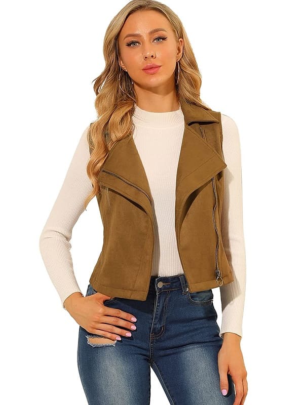 Women's Suede Leather Biker Vest In Tan Brown