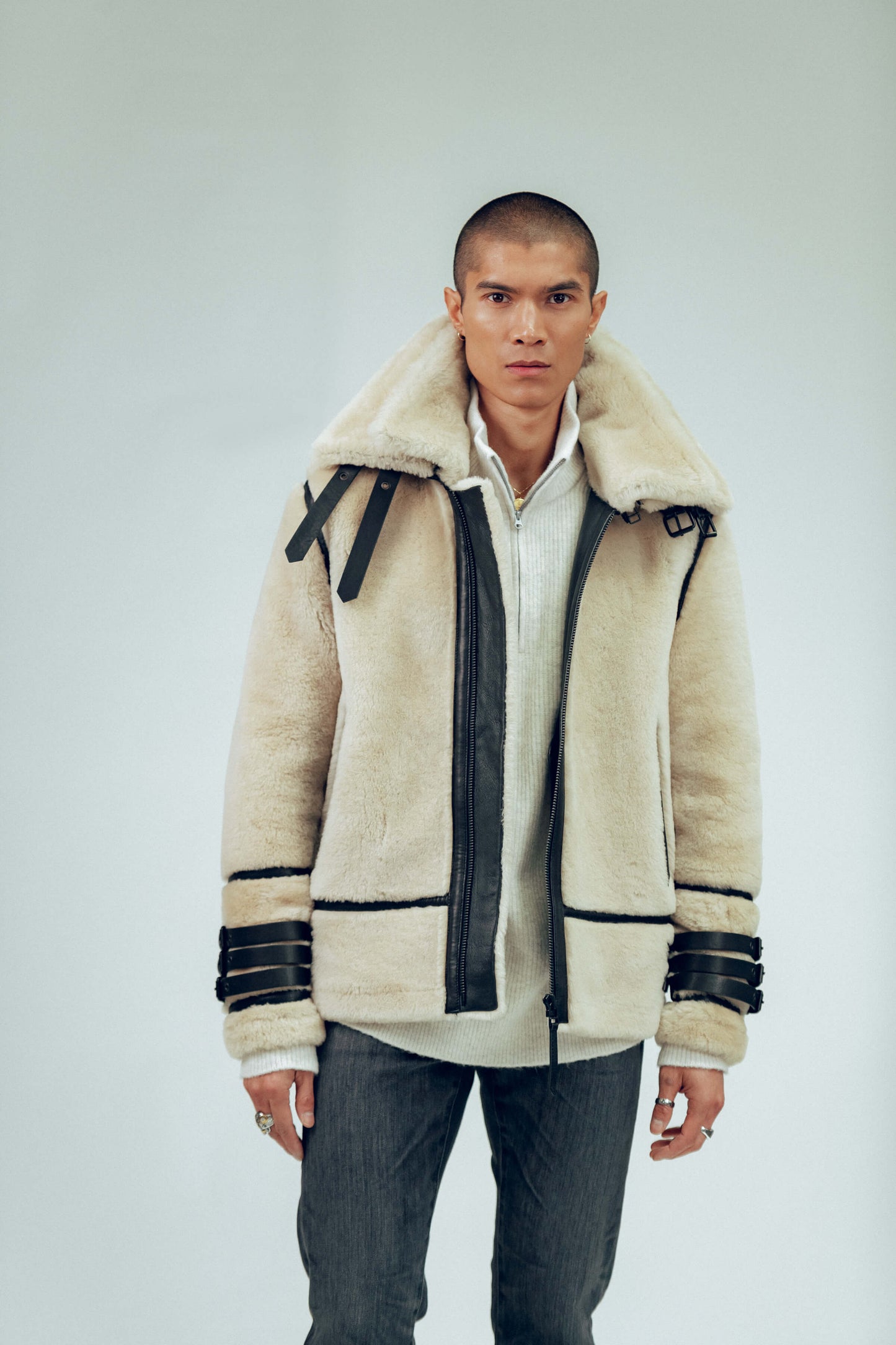 Men's Sheepskin Leather Shearling Jacket In Off White