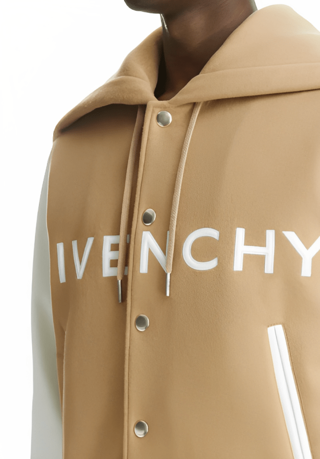 Men's Varsity Bomber Leather Jacket In Beige & White Sleeves