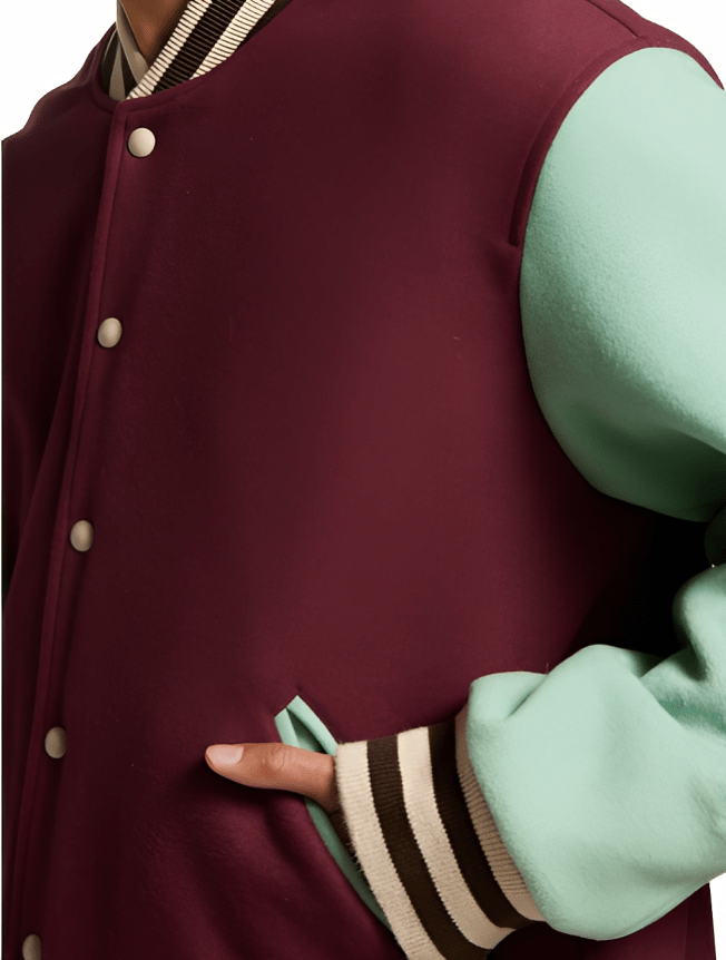 Men's Varsity Bomber Leather Jacket In Wine Red & Sky Blue Sleeves
