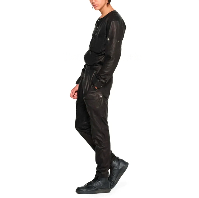 Men's Cargo Style Leather Jumpsuit In Black
