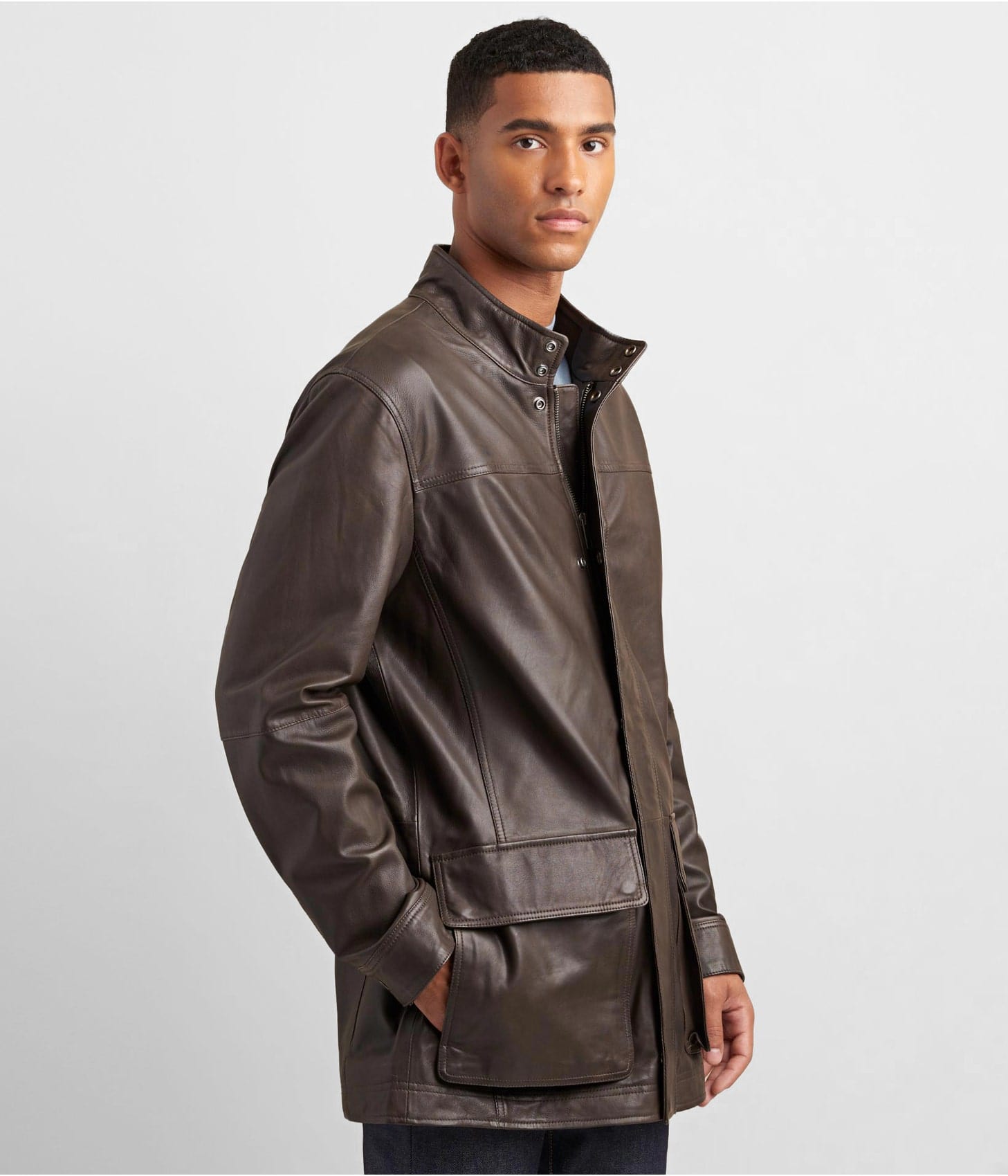 Men's Leather Coat In Dark Brown With Patch Pockets