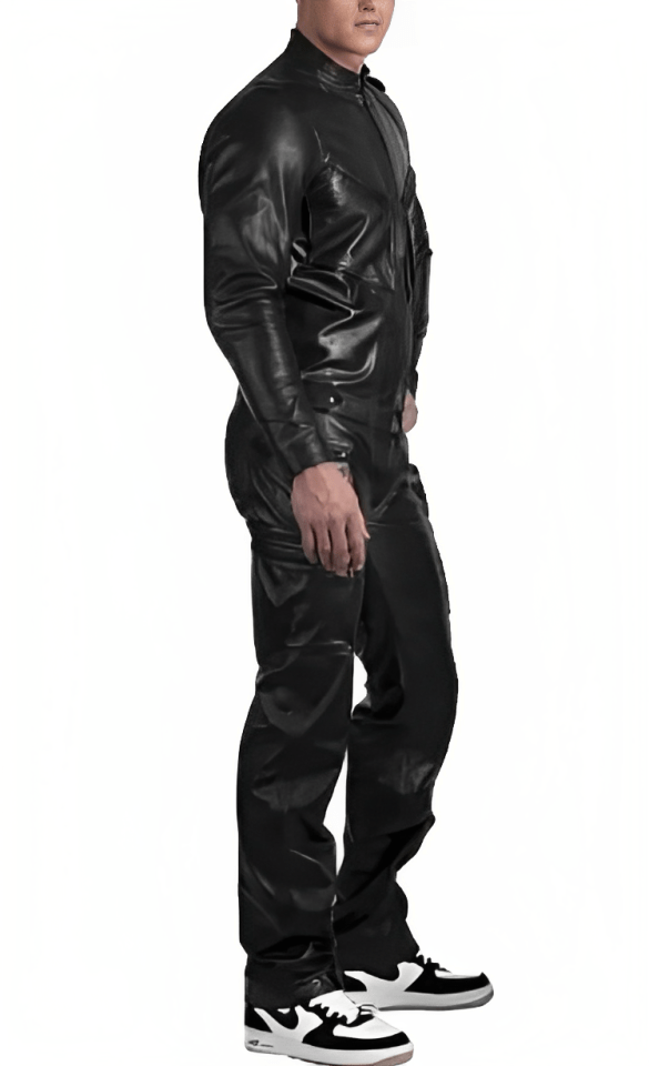 Men's Leather Jumpsuit In Black With Straps