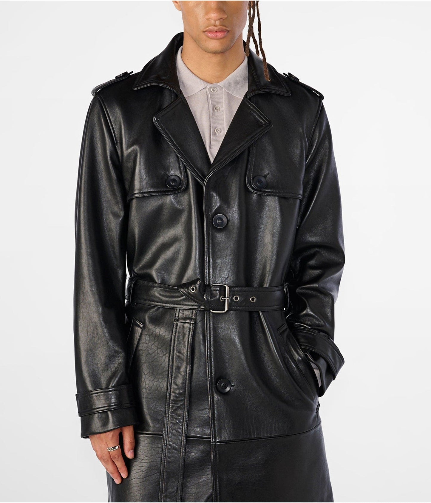 Men's Trench Leather Coat In Black With Belt