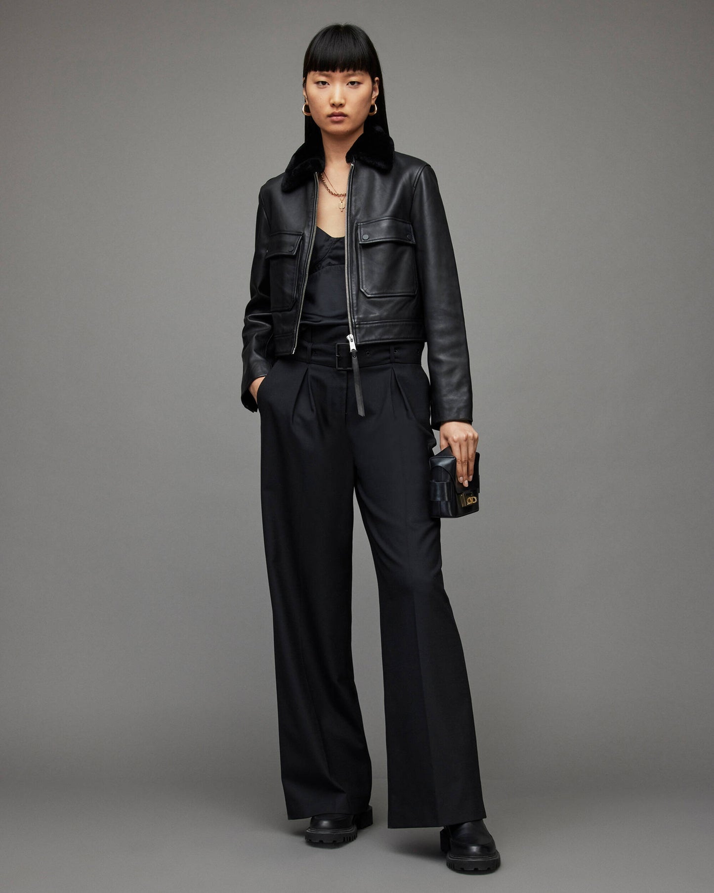 Women's Harrington Leather Jacket With Shearling Collar