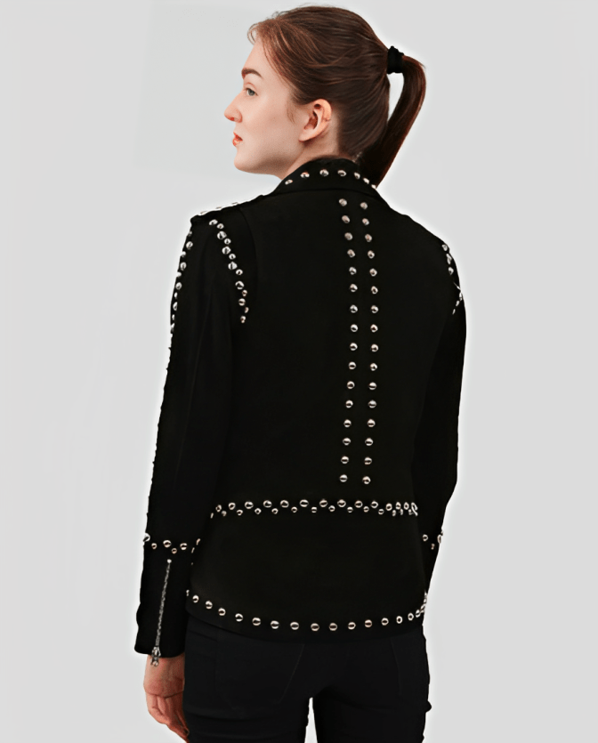 Women's Studded Suede Leather Biker Jacket In Black