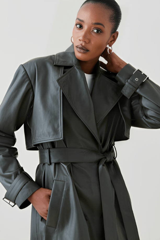 Women's Leather Trench Coat In Olive