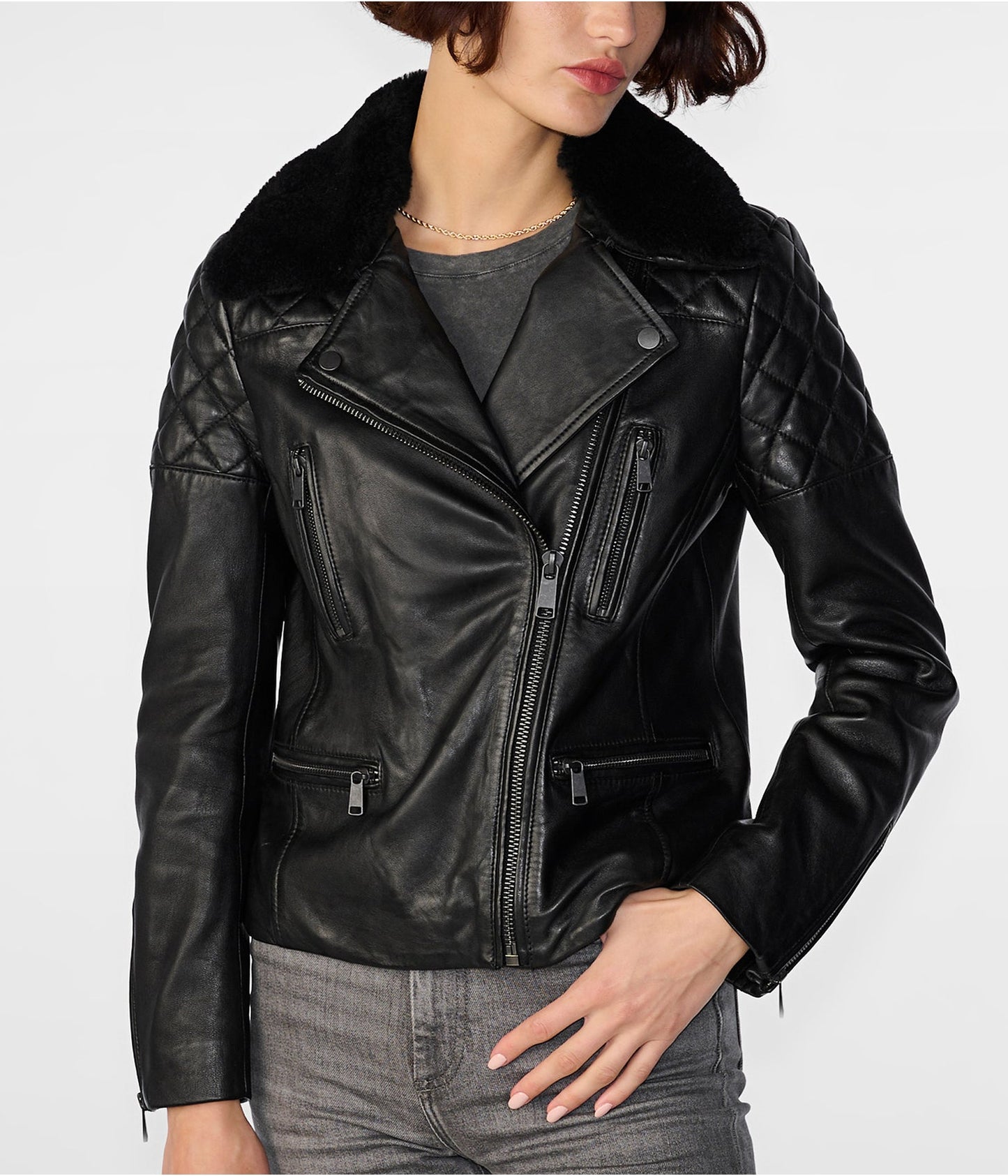 Women's Shearling Leather Biker Jacket In Black