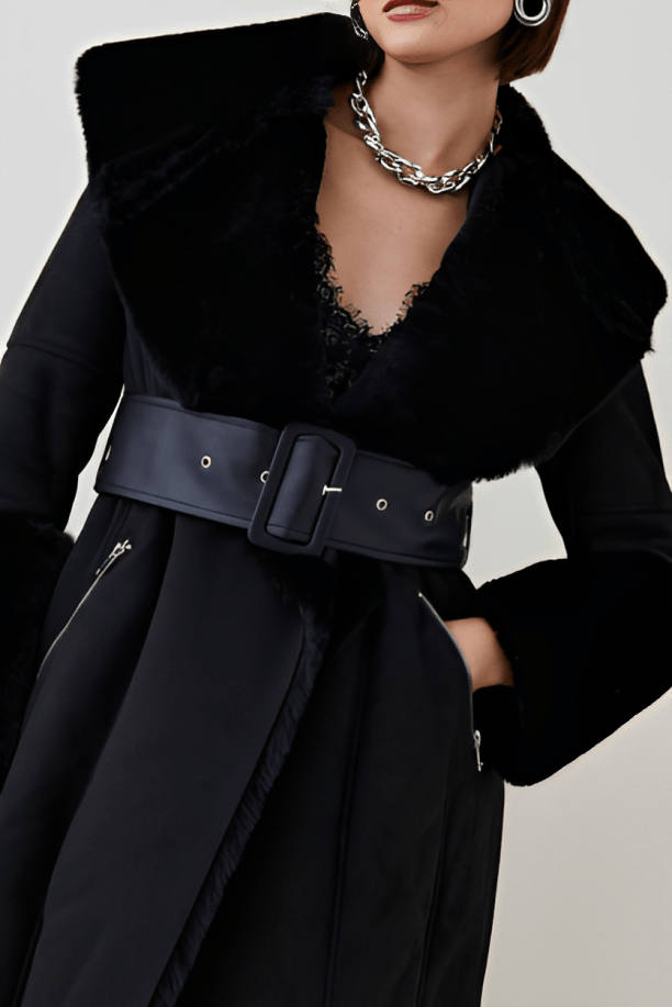 Women's Suede Leather Shearling Coat In Black With Fur Collar