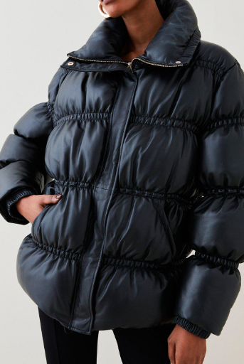 Women's Black Leather Puffer Jacket