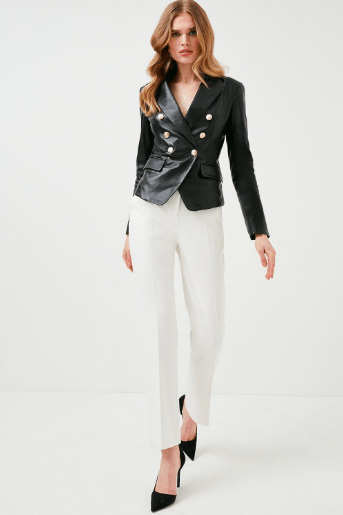 Women's Leather Blazer In Black With Golden Buttons