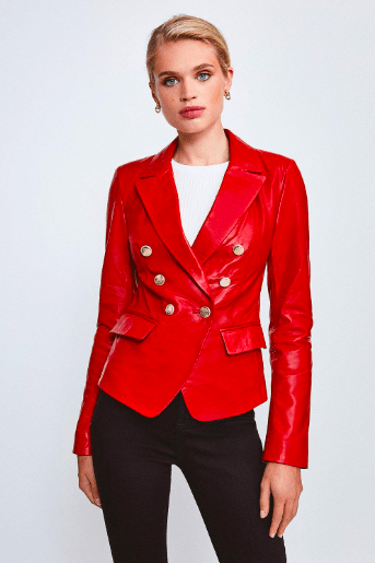 Women's Leather Blazer In Red With Golden Buttons