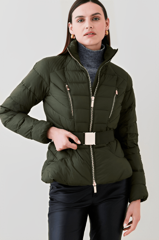 Women's Puffer Jacket In Khaki With Belt