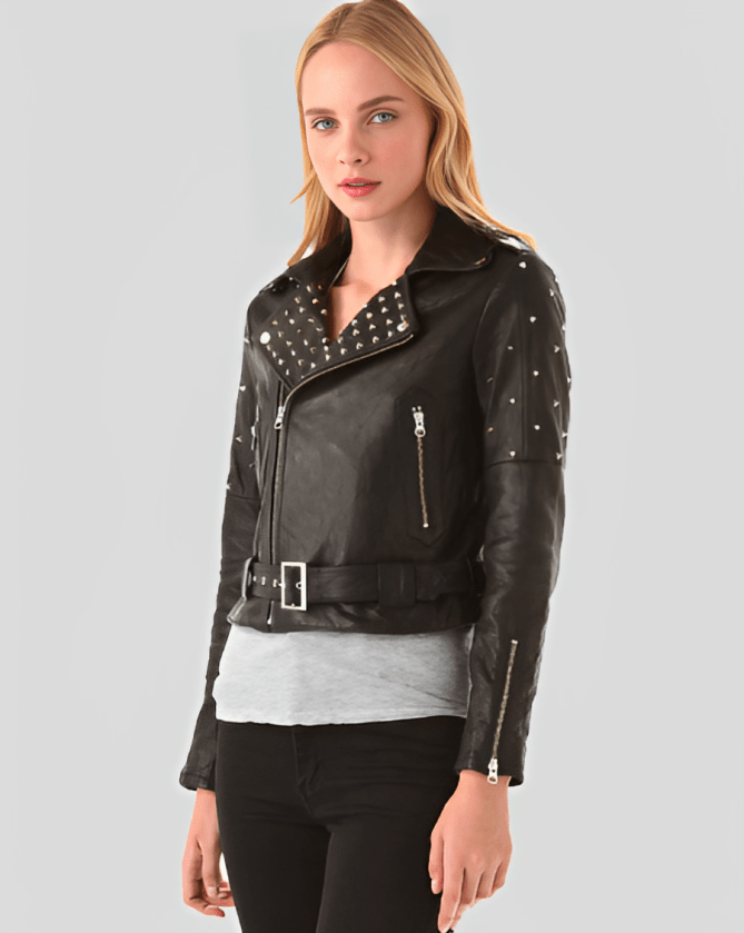Women's Studded Biker Leather Jacket In Black
