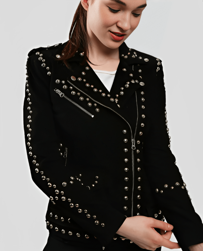 Women's Studded Suede Leather Biker Jacket In Black