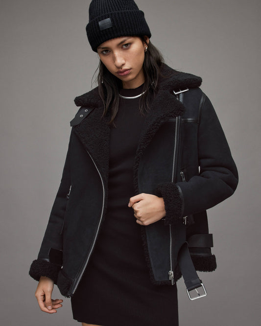 Women's Suede Leather Shearling Biker Jacket In Black