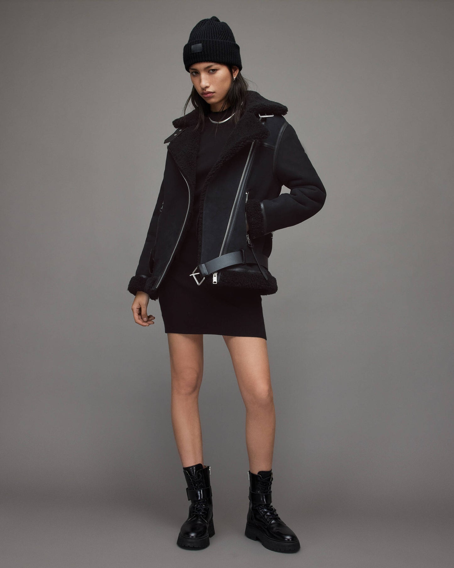 Women's Suede Leather Shearling Biker Jacket In Black