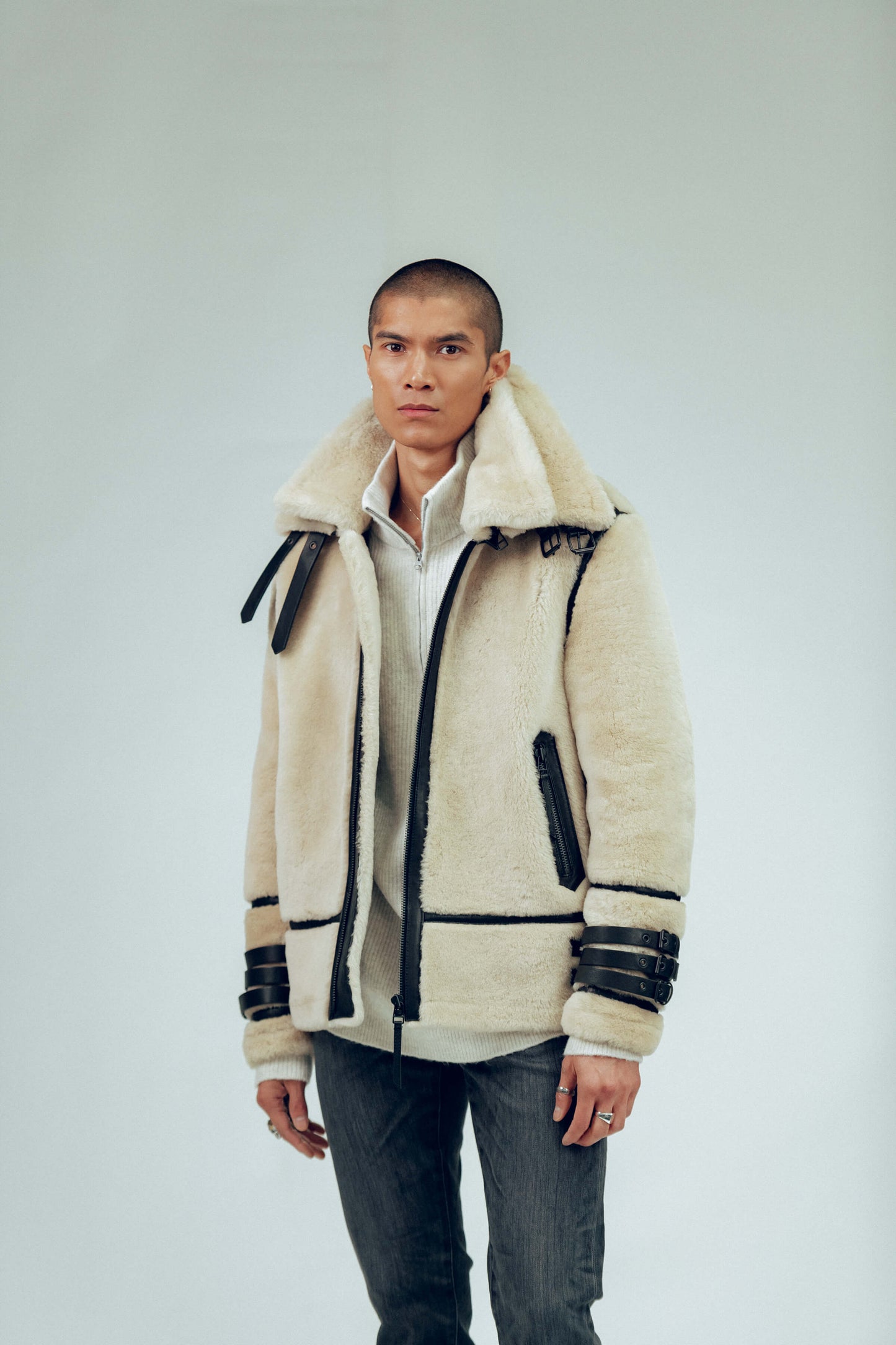 Men's Sheepskin Leather Shearling Jacket In Off White